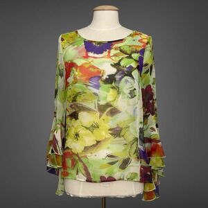Kay Celine Womens Top M Colorful Abstract Floral Sheer Bell Artsy Boho Beachy